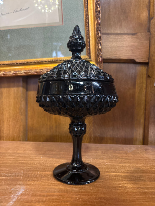 INDIAN BLACK AMYTHYST GLASS FOOTED CANDY JAR WITH LID
