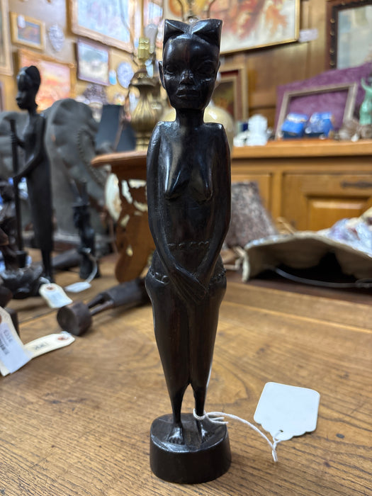 CARVED AFRICAN WOMAN WITH HEAD DRESS FIGURE
