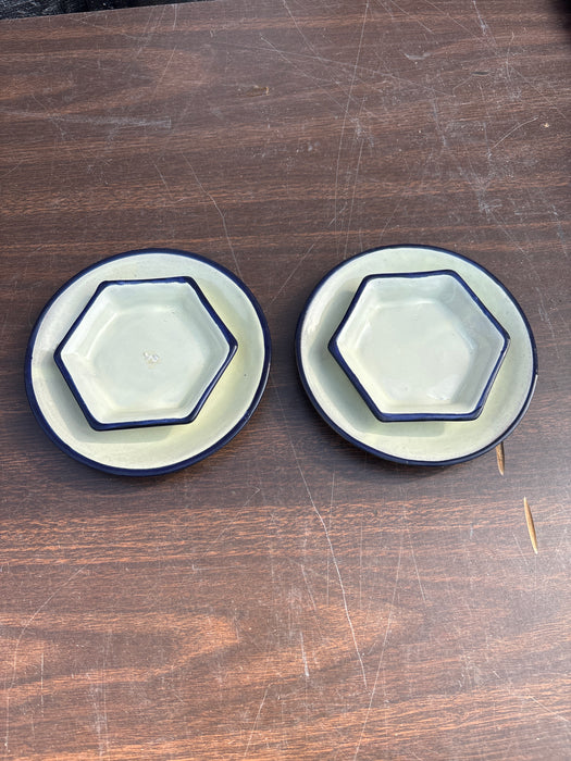 SET OF 4 TERRACOTTA BLUE AND WHITE GLAZED DISHES