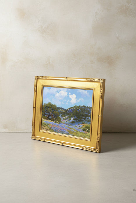 GOLD FRAMED BLUE BONNET OIL PAINTING ON CANVAS - SIGNED WILLIAM SLAUGHTER