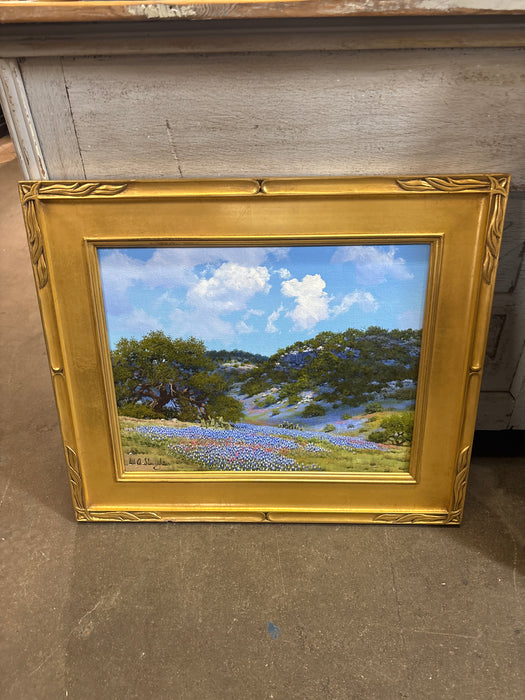 GOLD FRAMED BLUE BONNET OIL PAINTING ON CANVAS - SIGNED WILLIAM SLAUGHTER
