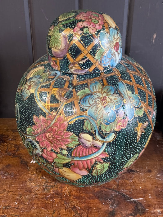 GREEN, RED AND YELLOW SATSUMA GINGER JAR