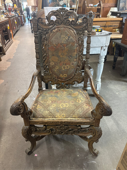 LARGE EUROPEAN OAK CARVED THRONE CHAIR