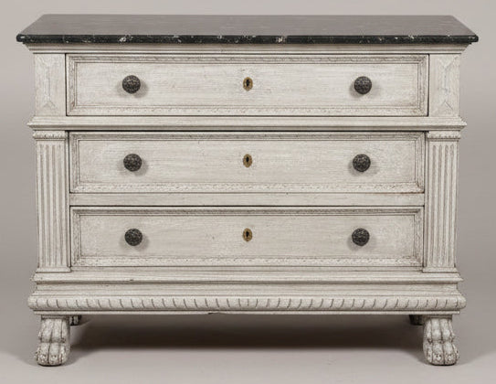PAINTED 3 DRAWER CHEST WITH BLACK OYSTER MARBLE WITH PAW FEET
