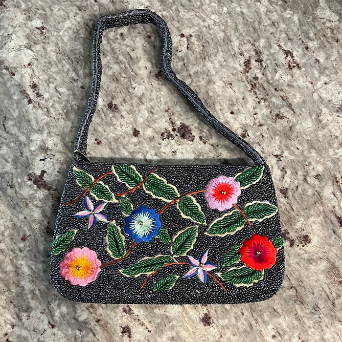 SLATE GRAY BEADED PURSE WITH EMBROIDERED FLOWERS