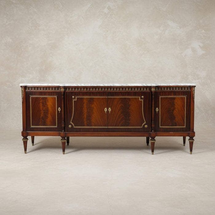 LONG MAHOGANY LOUIS XVI WHITE MARBLE TOP SIDEBOARD