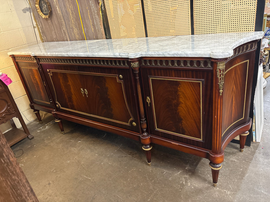 LONG MAHOGANY LOUIS XVI WHITE MARBLE TOP SIDEBOARD