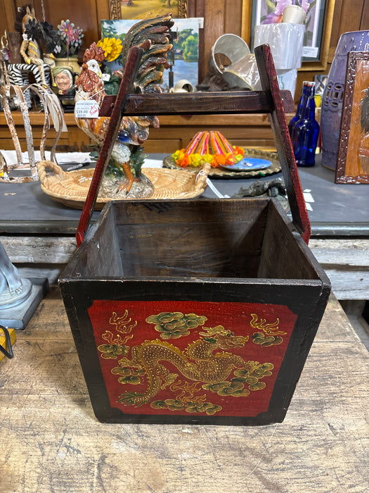 RED WOOD RICE BUCKET WITH YELLOW INLAID DRAGON