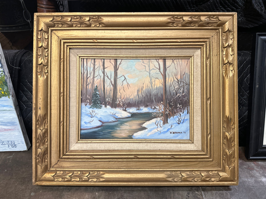 SMALL FRAMED WINTER SCENE OIL PAINTING WITH RIVER