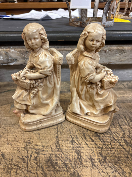PAIR OF FLOWER BASKET GIRL BOOKENDS - AS FOUND