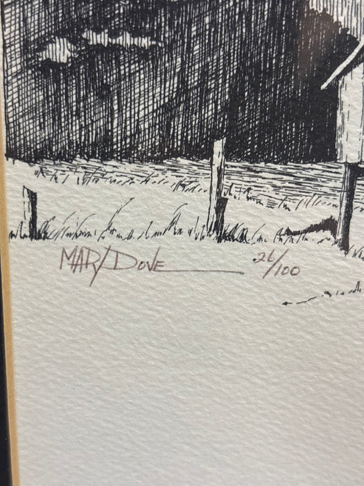 SILVER GILT FRAMED LITHOGRAPH OF LAKE BARN IN TREES - SIGNED MAR/DOVE 26/100