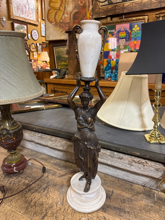 BRONZE GREEK LADY STATUE WITH MARLE VASE ON MARBLE BASE