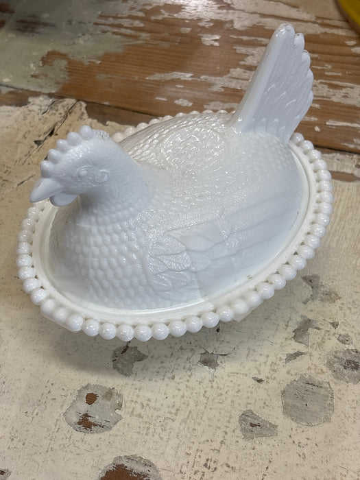 LARGE MILK GLASS HEN IN A BASKET