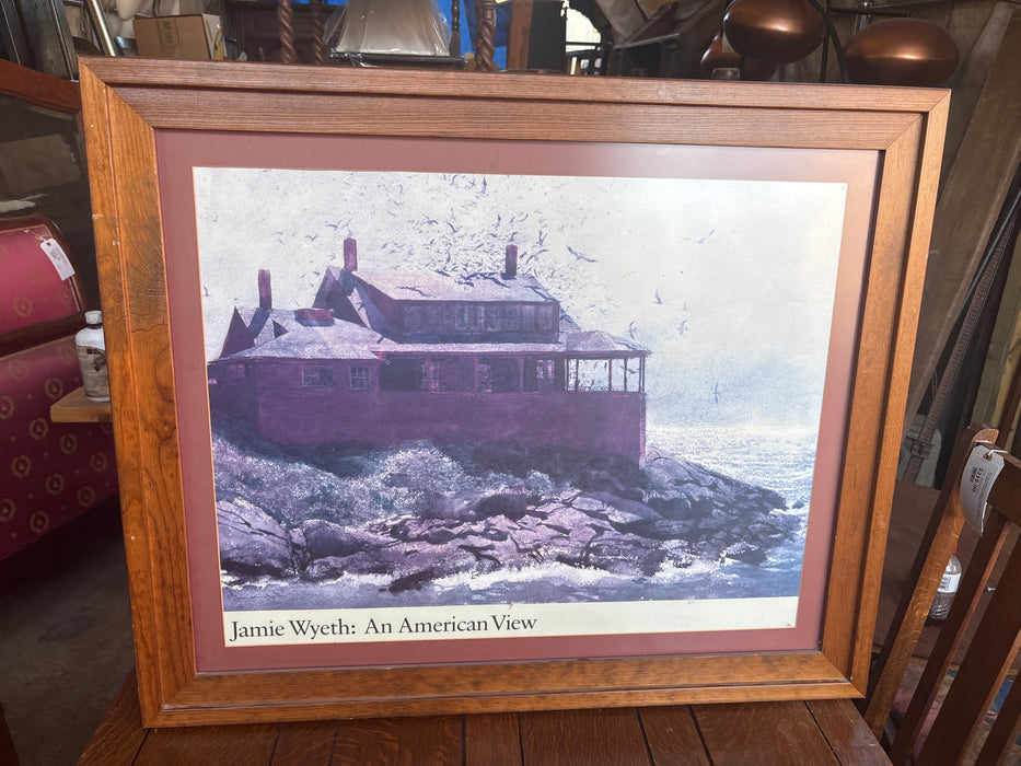 BROWN FRAMED COASTAL HOUSE PRINT OF “AN AMERICAN VIEW” BY JAMIE WYETH