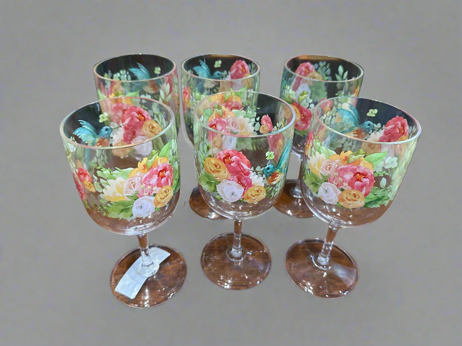 SET OF 6 PLASTIC STEMMED GLASSES WITH FLORAL DECOR