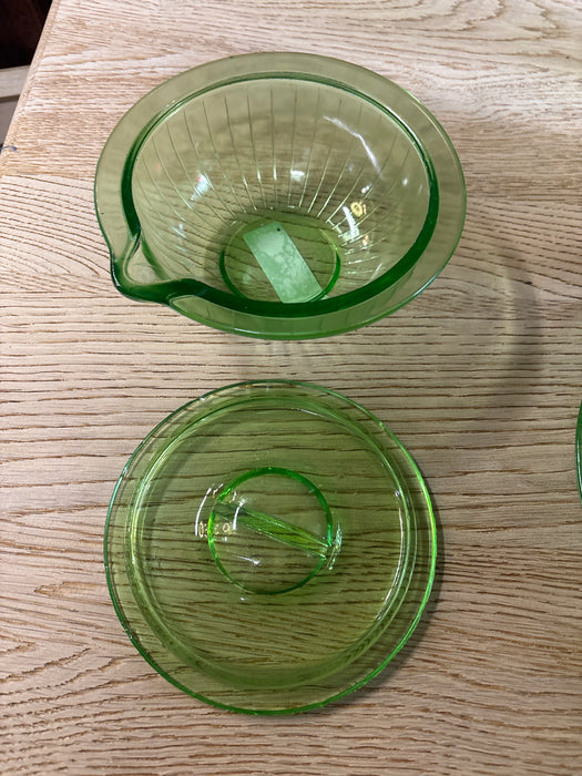 GREEN DEPRESSION GLASS COVERED DISH