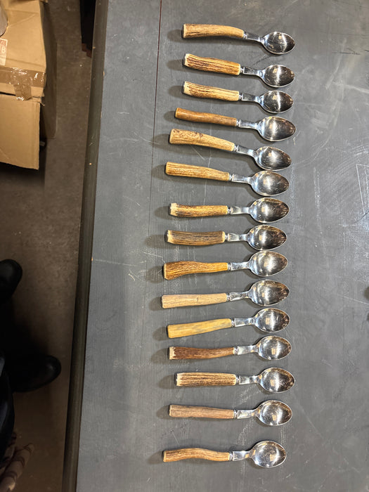 SET OF 38 ANTLER HANDLED CUTLERY WITH 13 FORKS, 15 SPOONS, 8 KNIVES, 1 MEAT FORK AND A CORKSCREW