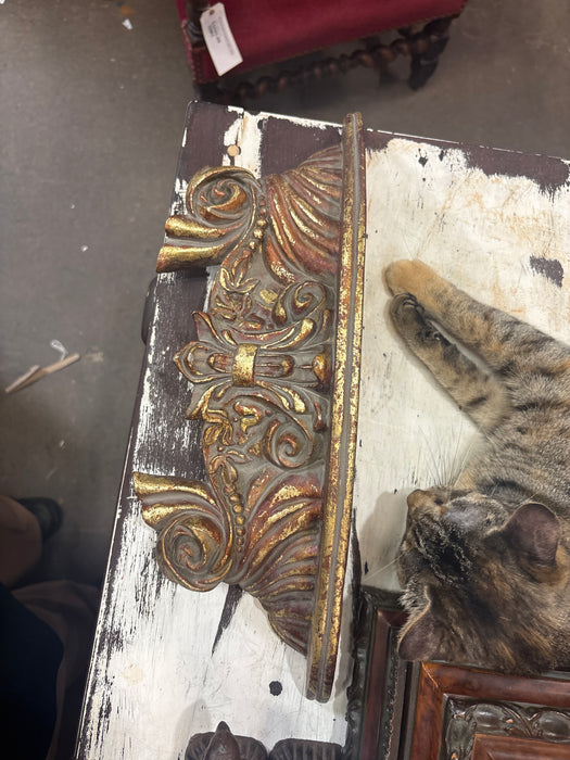 SMALL RED AND GOLD ORNATE WALL SHELF - AS FOUND