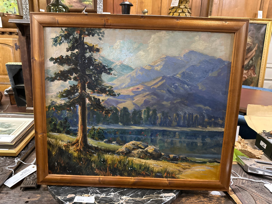OIL PAINTING ON BOARD MOUNTAIN SCAPE W/ PINE TREE & LAKE