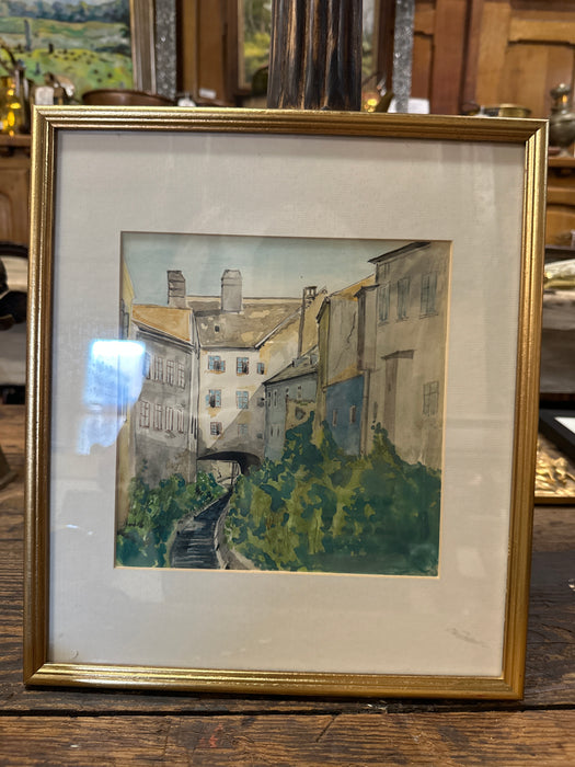 FRAMED EUROPEAN VILLAGE WATERCOLOR