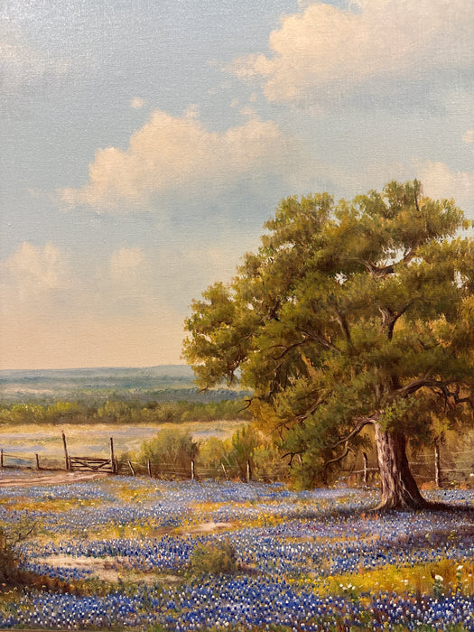 GOLD AND BLACK FRAMED BLUE BONNET LANDSCAPE OIL ON CANVAS PAINTING - BY J.W. THRASHER