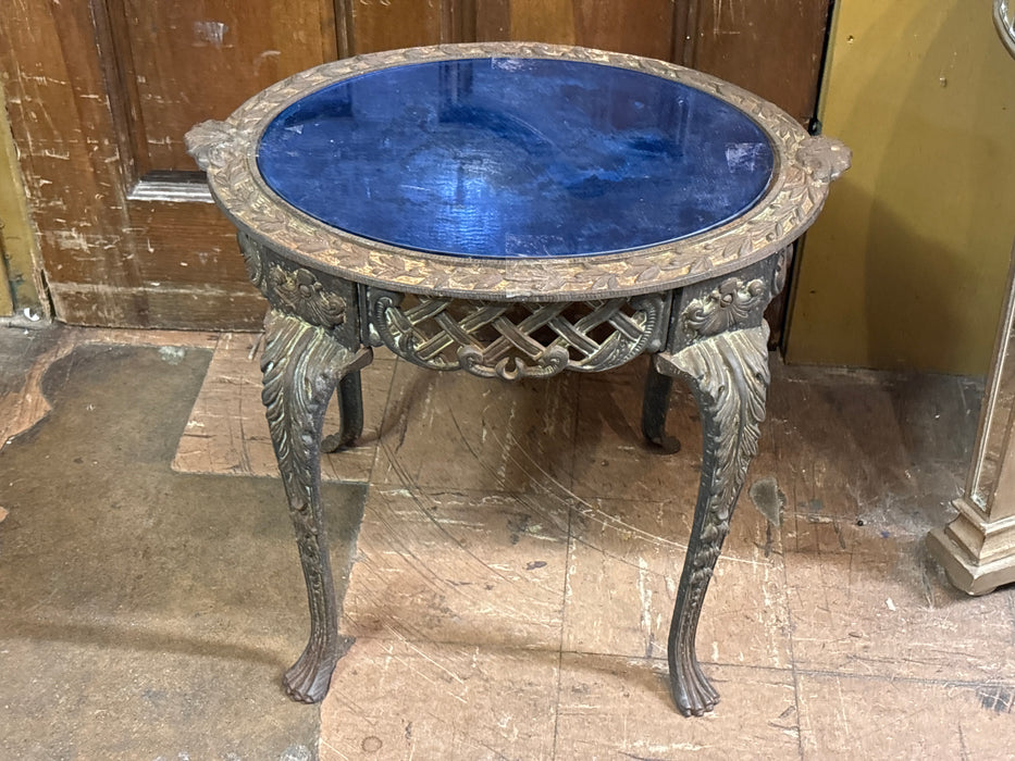 CAST IRON OVAL TABLE WITH BLUE GLASS