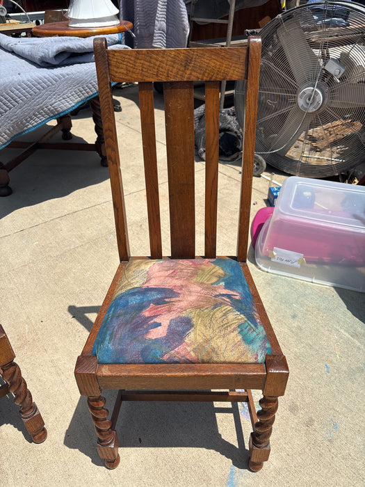 SET OF 4 BARLEY TWIST CHAIRS, 3 WITH COLORFUL UPHOLSTERED SEATS - AS FOUND