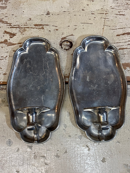 PAIR OF TALL ITALIAN SCALLOPED PEWTER WALL CANDLESTICK SCONCES