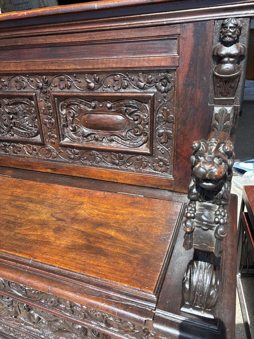 LONG CARVED LION ARM BENCH WITH FLIP TOP