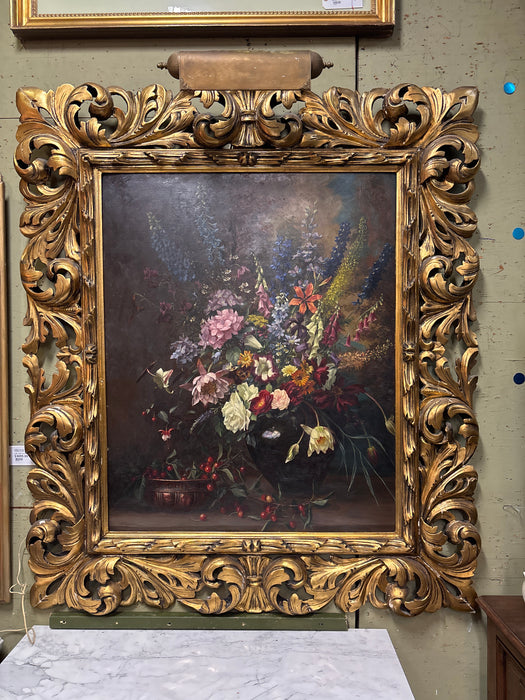 LARGE ORNATE GILT FRAMED ANTIQUE FLORAL PAINTING - SIGNED CAMILLA GÖBL WAHL