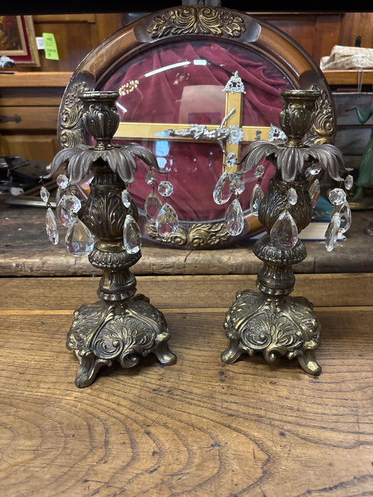 PAIR OF CRYSTAL ALMOND PRISM ROCOCO METAL CANDLESTICKS