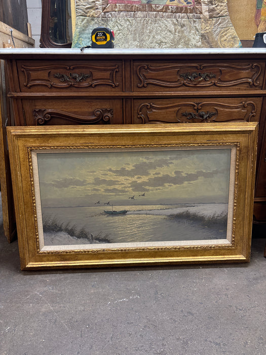 GOLD FRAMED 20TH CENTURY OIL PAINTING OF GEESE ON SANDY LAKE WITH LINEN FILET