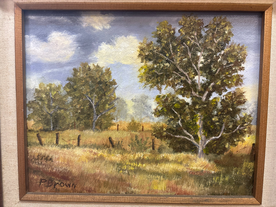 SMALL FRAMED COUNTRY LANDSCAPE OIL PAINTING WITH LINEN FILET - SIGNED P. BROWN