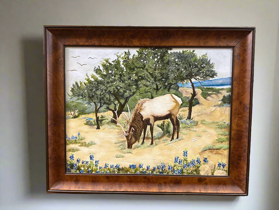 BURLED WOOD FRAME OF ELK AND BLUEBONNETS OIL PAINTING BY MAUDE WATERS