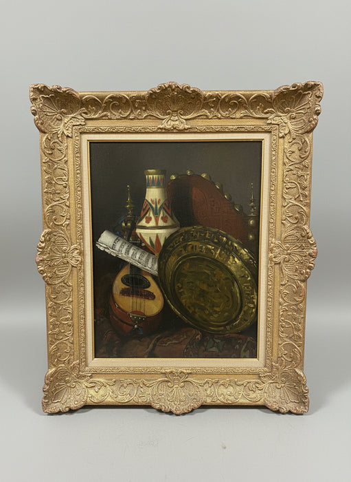GILT FRAMED STILL LIFE OIL PAINTING WITH A LUTE ON LINEN
