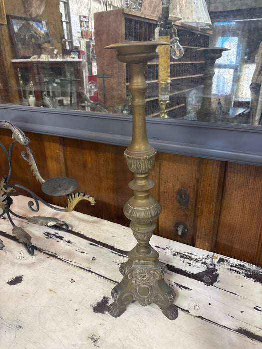 TALL DARK BRASS PRICKET WITH FLOWER - AS FOUND