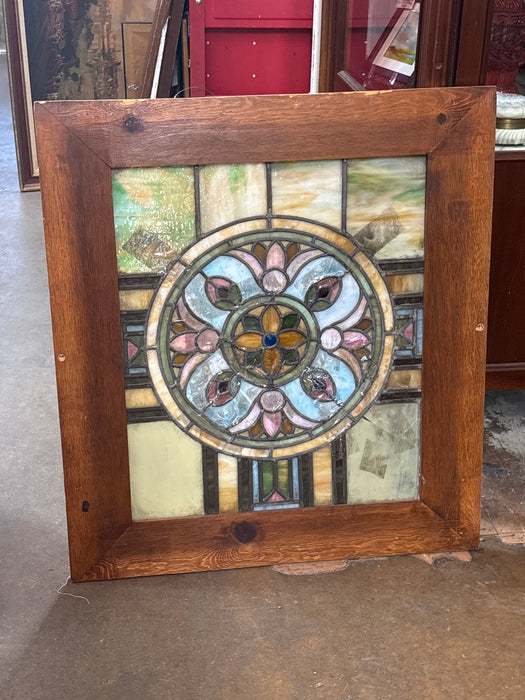 MEDIUM WOOD FRAMED STAINED GLASS WINDOW - AS FOUND