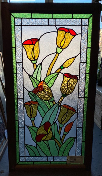 LARGE STAINED GLASS WINDOW WITH FLORAL MOTIF