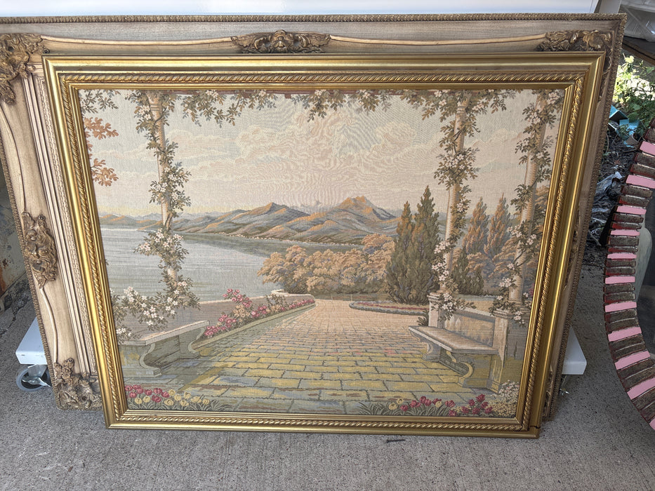 GOLD FRAMED NEEDLEPOINT OF PATH WITH MOUNTAINS