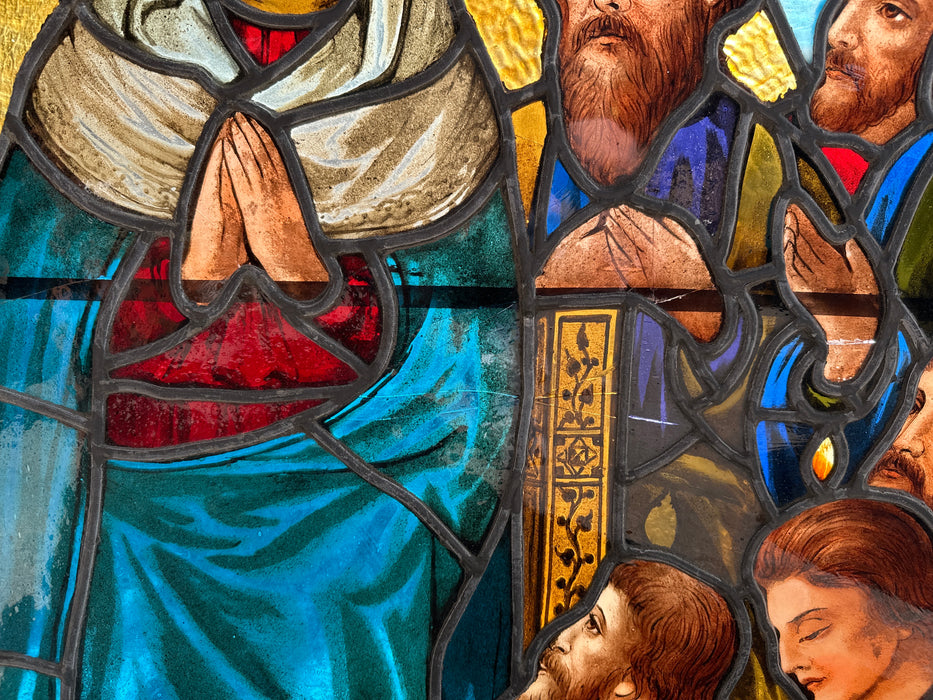 MARY WITH SAINTS AND DOVE PENTECOST LARGE VERTICAL STAINED GLASS 3 WINDOW SET