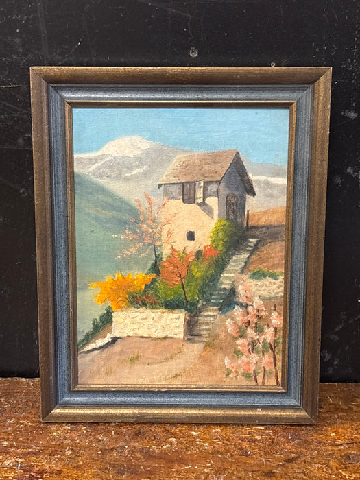 VINTAGE BROWN AND BLUE FRAMED EUROPEAN HOUSE ON MOUNTAIN SCENE