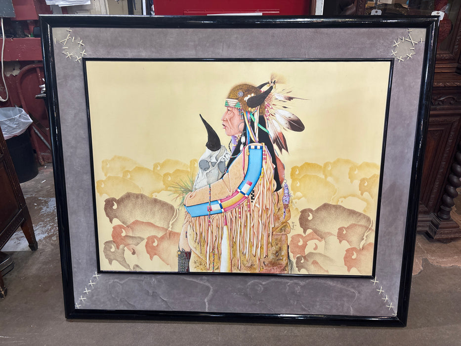 HUGE BLACK FRAMED OIL PAINTING ON CANVAS OF INDIAN WITH BUFFALO