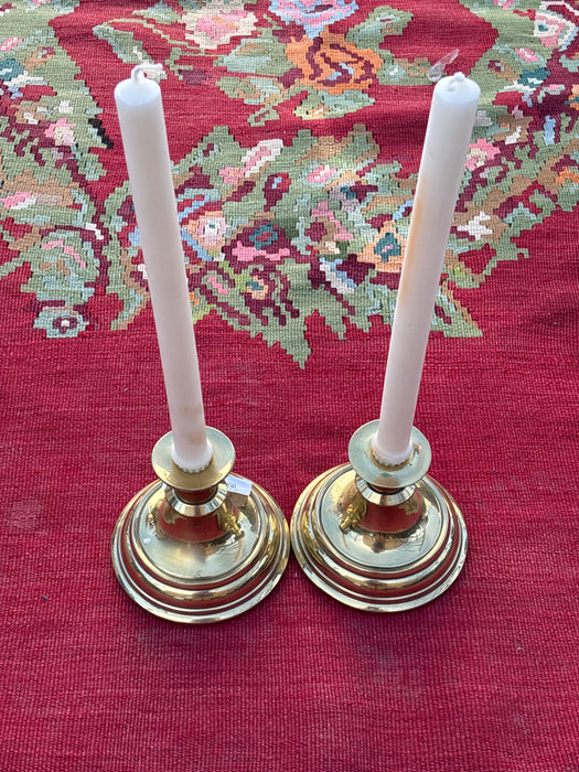 PAIR OF LOW BRASS CANDLE HOLDERS