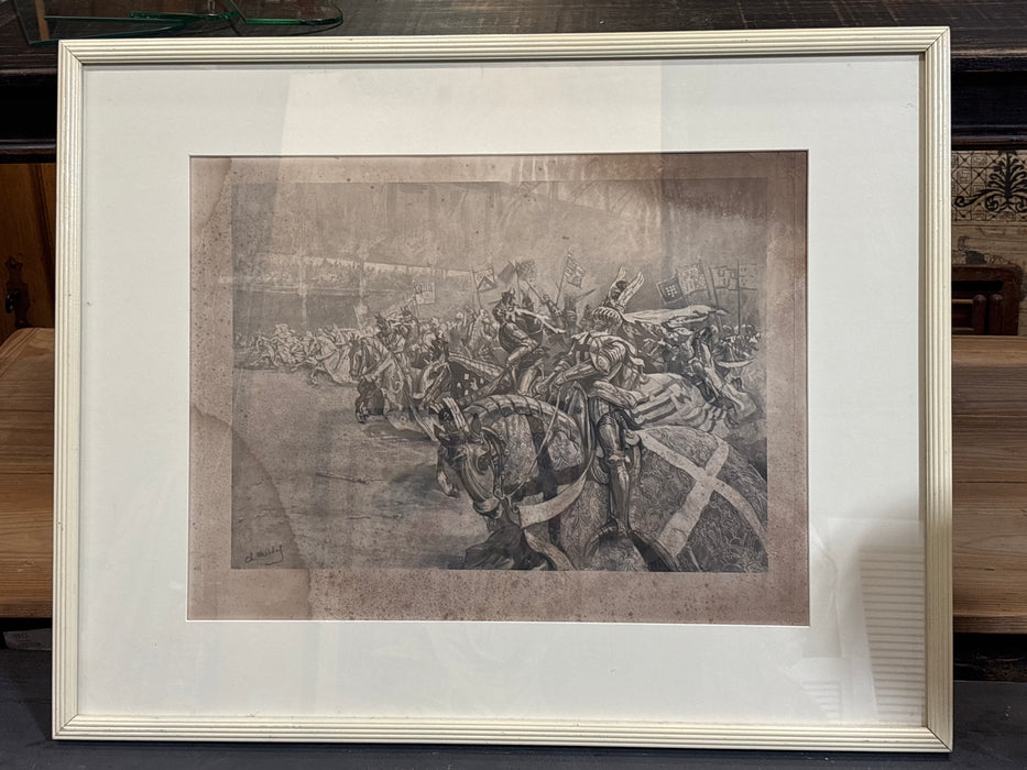 WHITE FRAMED MONOCHROMATIC KNIGHT PRINT - SIGNED CH. MICHEL - AS FOUND