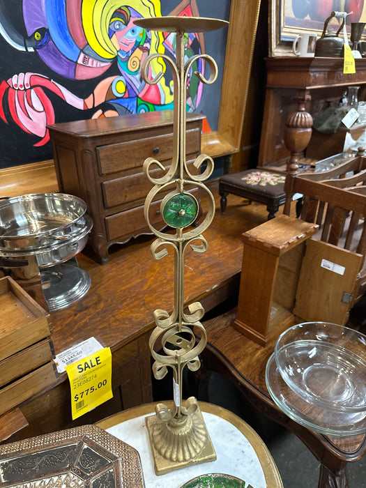 TALL IRON CANDLE STAND WITH GREEN GLASS