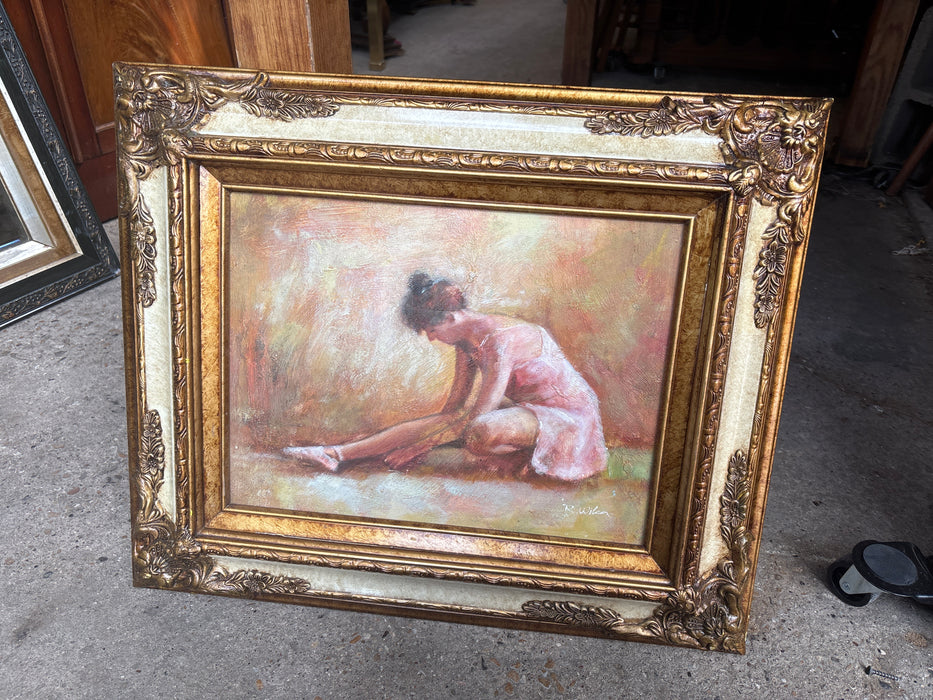 ORNATE GILT FRAMED BALLERINA WEARING PINK OIL PAINTING - SIGNED R. WIKA