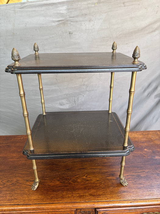 FAUX BAMBOO BRASS 2 TIER BLACK LEATHER STAND TABLE