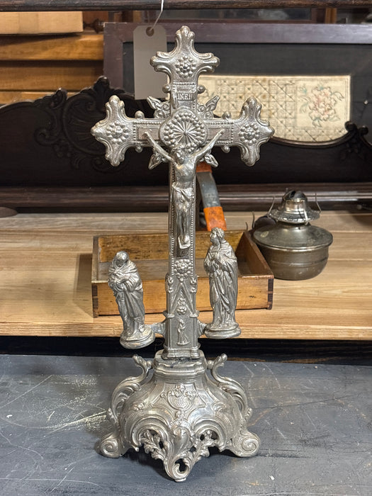 MEDIUM STANDING METAL CRUCIFIX WITH HOLY FAMILY - AS FOUND