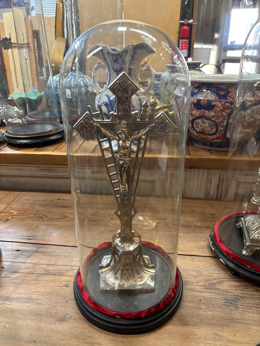 SQUARE BASE METAL CRUCIFIX WITH MARY AND JOSEPH UNDER DOME