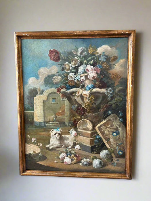 18TH CENTURY FRENCH PAINTING WITH WHITE DOG